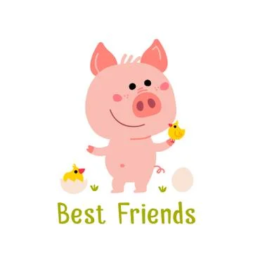 Vector Pink Piggy with small yellow bird. Card about friendship Stock Illustration