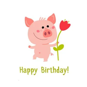 Vector Pink Piggy with a spring flower. Cartoon illustration Stock Illustration