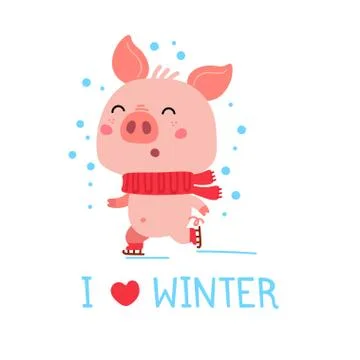 Vector Pink Piggy in winter clothes skiing. Cartoon illustration for cards Stock Illustration