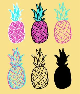 Vector pink pineapple with turquoise foliage. hand-drawn doodle-style set of Stock Illustration