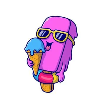Vector pink popsicle eating ice cream cone character cartoon illustration Stock Illustration