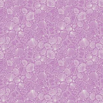 Vector pink repeat pattern with variety of tiny seashells. Perfect for greeti Illustrazione stock