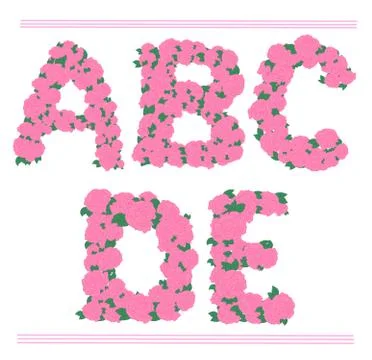 Vector pink roses font - A-E decor letters Stock Illustration