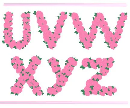 Vector pink roses font - U - Z decor letters Stock Illustration