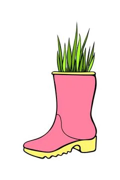 Vector pink rubber rain boots with decorative grass, plant. Cute color flor.. Stock Illustration