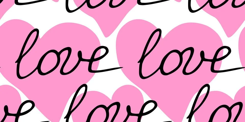 Vector pink seamless pattern with pink hearts and inscriptions - love. Romant Stock-Illustration