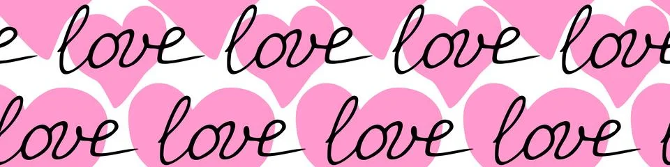 Vector pink seamless pattern with pink hearts and inscriptions - love. Roma.. Illustrazione stock