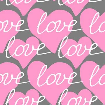 Vector pink seamless pattern with pink hearts and inscriptions - love. Roma.. Illustrazione stock