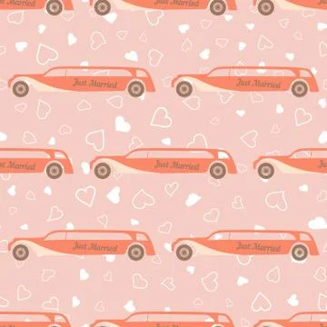 Vector pink seamless pattern with wedding car Stock Illustration