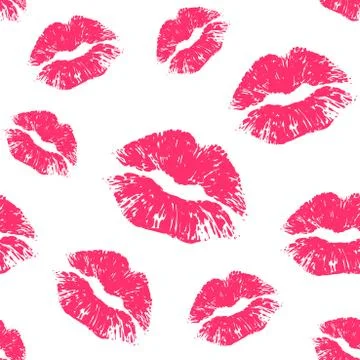Vector pink seamless pattern on white background. Lips prints Stock Illustration