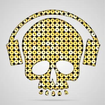 Vector pink sequin skull with headphones. Stock Illustration