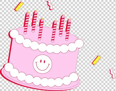 Vector pink two-tier cake is floating on transparent backdrop with lit striped Stock Illustration