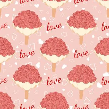 Vector pink wedding seamless pattern with bouquet Stock Illustration