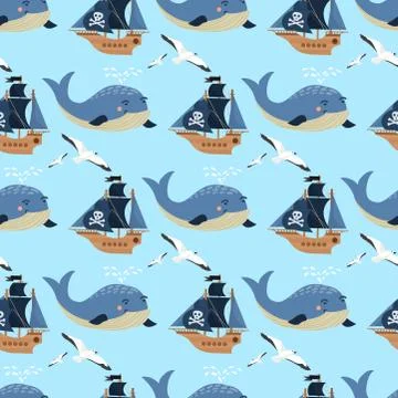 Vector pirate ship boat and whale miniature vessel old vintage sailboat souvenir Stock Illustration