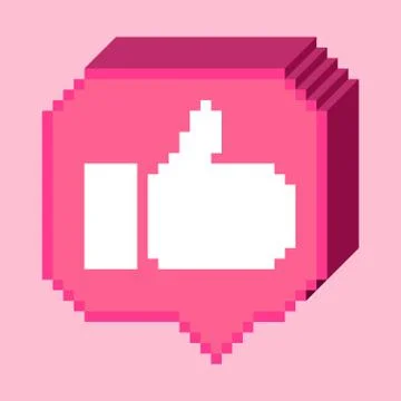 Vector pixel 8 bit 3D pink bubble with white thumb up sign. Social networks n Stock Illustration
