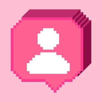 Vector pixel 8 bit 3D pink bubble with white human figure, subscriber sign. S Stock Illustration