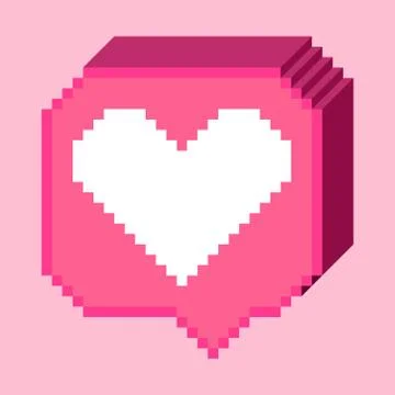 Vector pixel 8 bit 3D pink bubble with white heart like sign. Social networks Stock Illustration