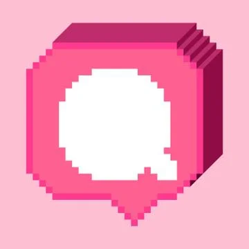Vector pixel 8 bit 3D pink bubble with white comment sign. Social networks no Stock Illustration