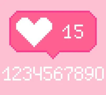 Vector pixel 8 bit pink bubble with white heart like sign with number. 0-9 di 库存插图