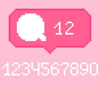 Vector pixel 8 bit pink bubble with white comment sign and digits.  0-9 digit Stock Illustration