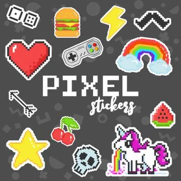 Vector pixel art 8 bit retro stickers set Stock Illustration