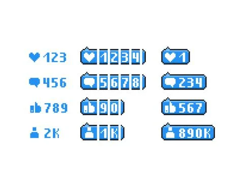 Vector pixel art 8 bit blue bubble with white heart, person, thumbs up, message Illustrazione stock