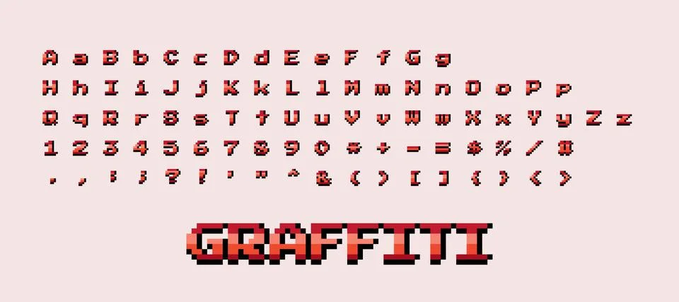 Vector pixel art 8 bit style graffiti abc alphabet capital uppercase, lowercase Stock Illustration