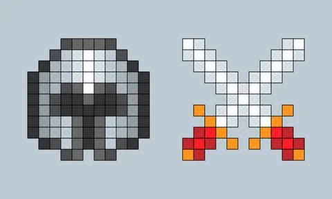Vector pixel art cartoon crossed swords and helm isolated elements on gray Illustration