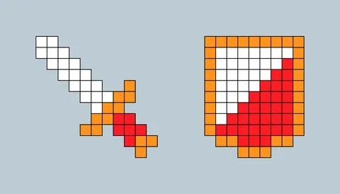 Vector pixel art cartoon sword and shield isolated elements on gray 库存插图