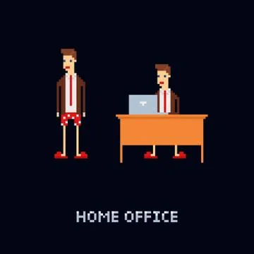 Vector pixel art character - young male worker at home, wering office suit and Stock Illustration