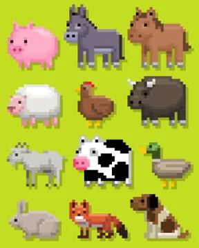 Vector pixel art farm animals icon collection Stock Illustration