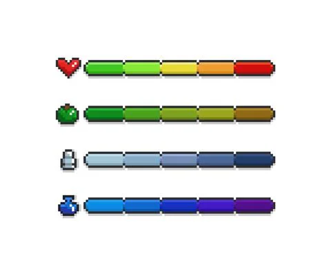 Vector pixel art game development progress bar set - health heart, apple food Stock Illustration