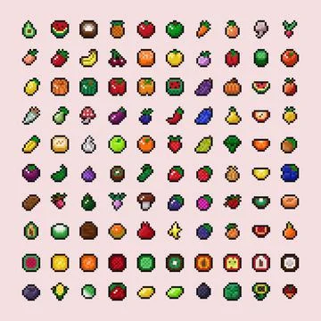 Vector pixel art icon illustration set - fruits, vegetables, mushrooms, nuts 8 스톡 일러스트