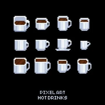 Vector pixel art icon set - collection of white coffee and tea hot drink mugs - Stock Illustration