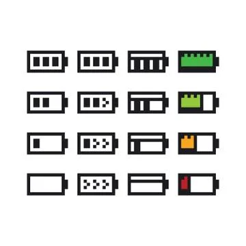 Vector pixel art icon set - 8 bit retro illustration of battery charging Stock Illustration