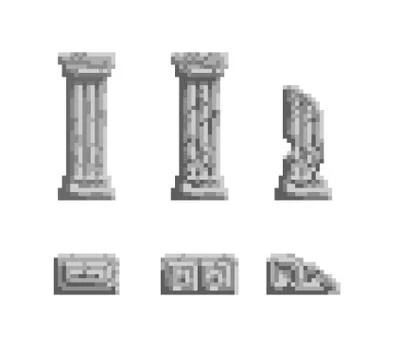 Vector pixel art illustration 8 bit gray ancient column ruins isolated. Old Stock Illustration