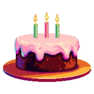 Vector pixel art illustration of a colorful birthday cake with three striped Stock Illustration