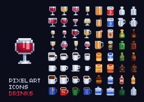 Vector pixel art illustration - hot, cold and alcohol drinks set coffee, tea Stock Illustration