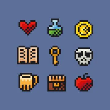 Vector pixel art illustration icon set - treasure chest, skull, magic potion Stock Illustration