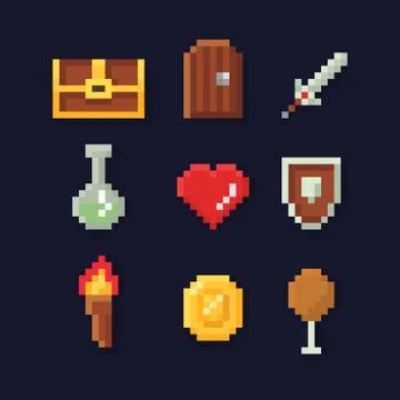 Vector pixel art illustration isons for fantasy adventure game development Stock Illustration