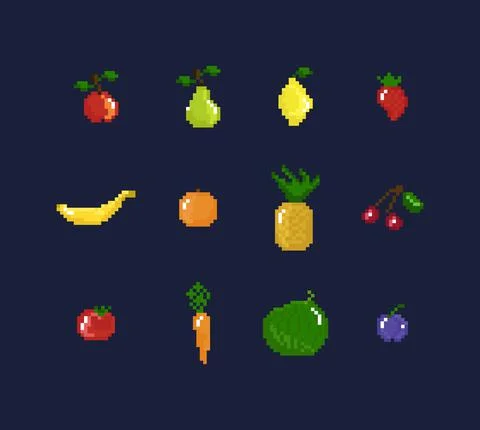 Vector pixel art illustration set - retro style fruits, vegetables and berries Stock Illustration