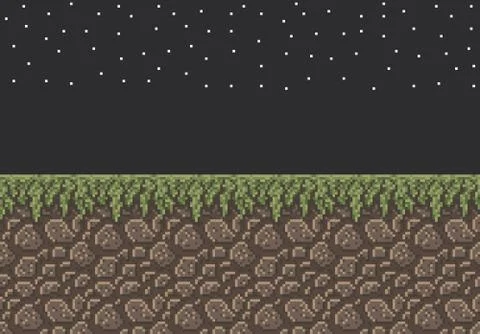 Vector pixel art illustration sprite - stone dirt with grass texture night time Stock Illustration