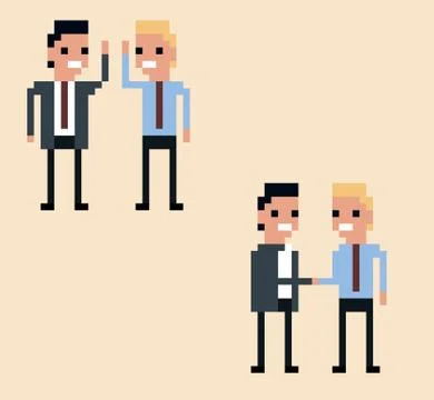 Vector pixel art illustration two businessman hi-five and handshake on light Stock Illustration