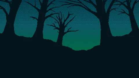 Vector pixel art landscape with leafless tree silhouettes against a dark Stock Illustration