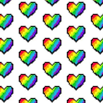 Vector pixel art multicolor endless rainbow colors hearts on white background Stock Illustration
