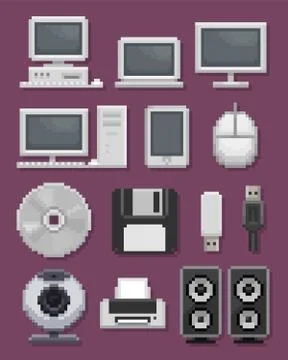 Vector pixel art retro computer and peripherals icon collection Stock Illustration