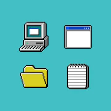 Vector pixel art retro computer monitor with keyboard, opened application window Stock Illustration