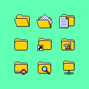 Vector pixel art retro computer PC user interface icon set. directory filesystem 스톡 일러스트