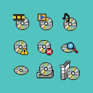 Vector pixel art retro computer compact disc icon set. Video, audio cd, warning Stock Illustration