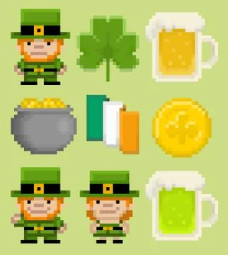 Vector pixel art Saint Patrick's day icon collection Stock Illustration